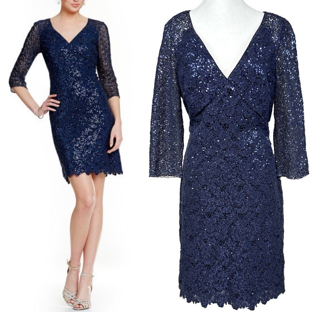 Kay Unger NY Sequined Crochet Sheath Dress Navy Blue Glam Event Cocktail 12